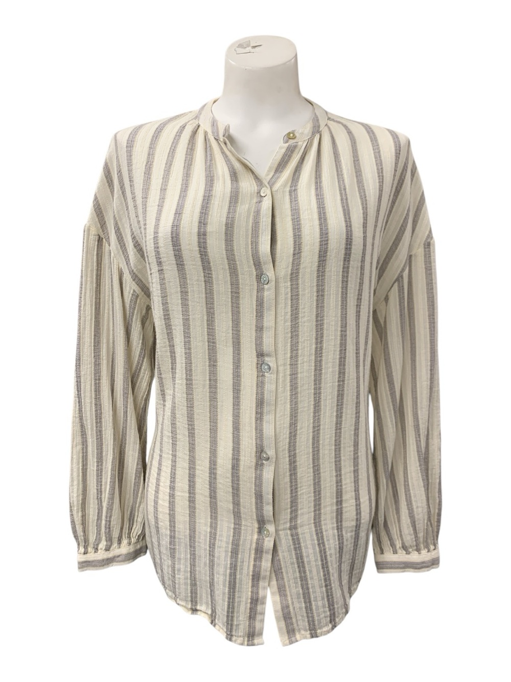 Woven Striped Button-Front Tunic Top - Cream & Gray
